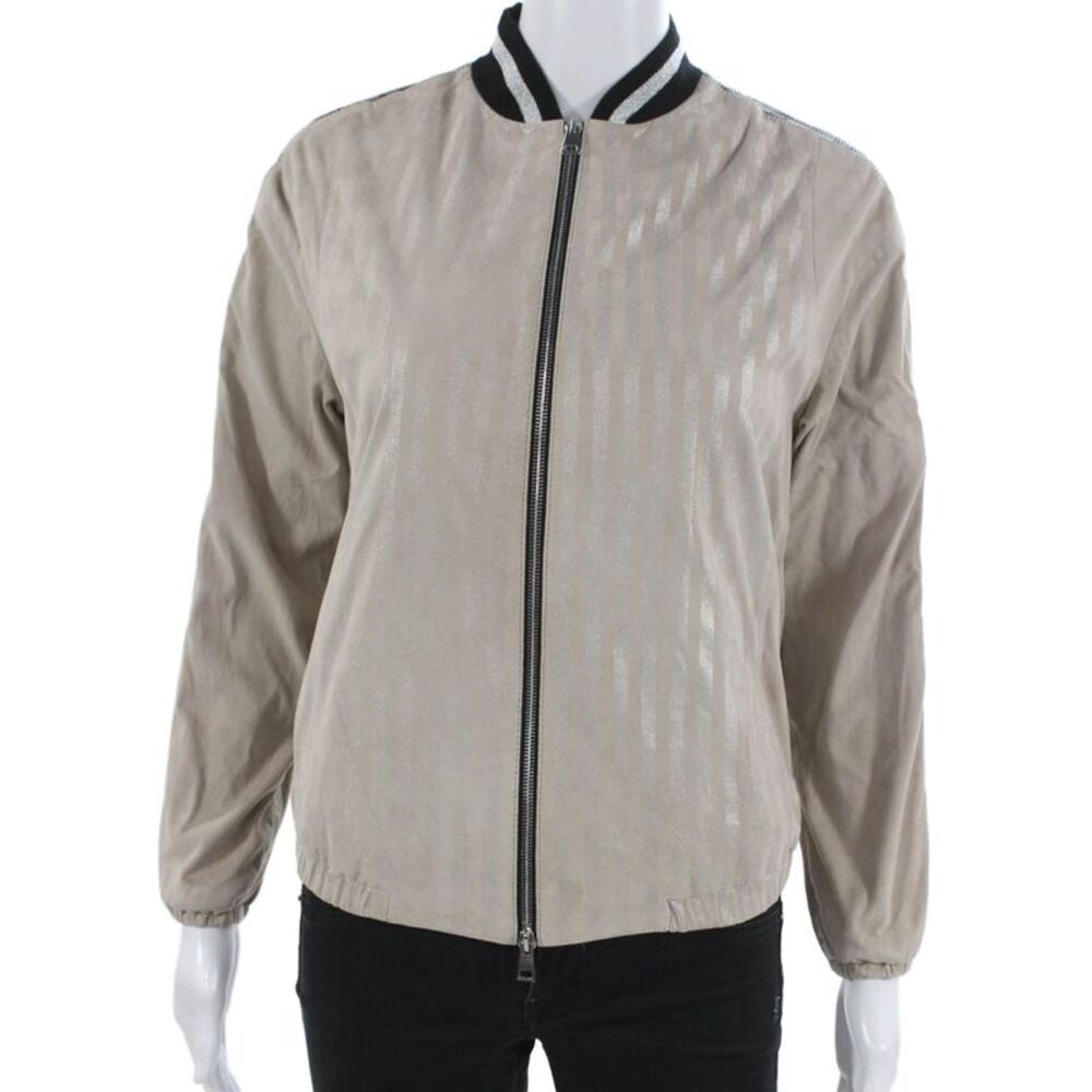 Suprema Womens Bomber Jacket Beige Suede Striped Zip Long Sleeve Size M